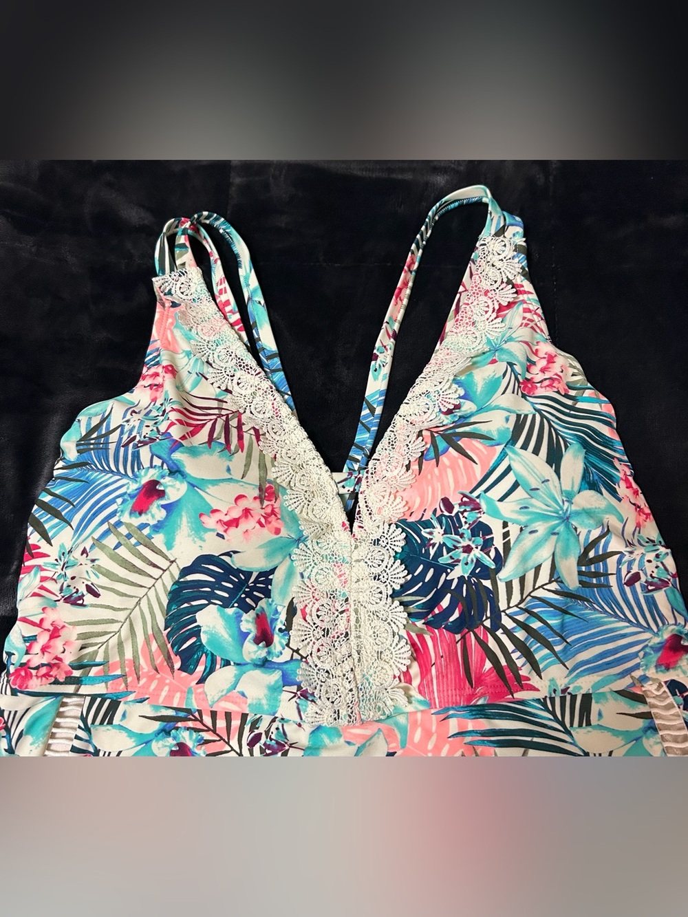 Time and Tru Tropical Floral and Lace one piece - Picture 2 of 8
